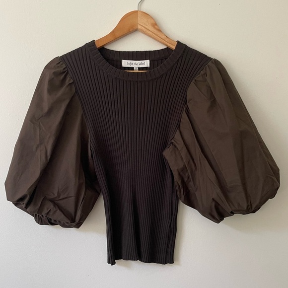 Sofie The Label Tops - Sofie the Label Puff Sleeve Ribbed Top - Brown Size M NWT